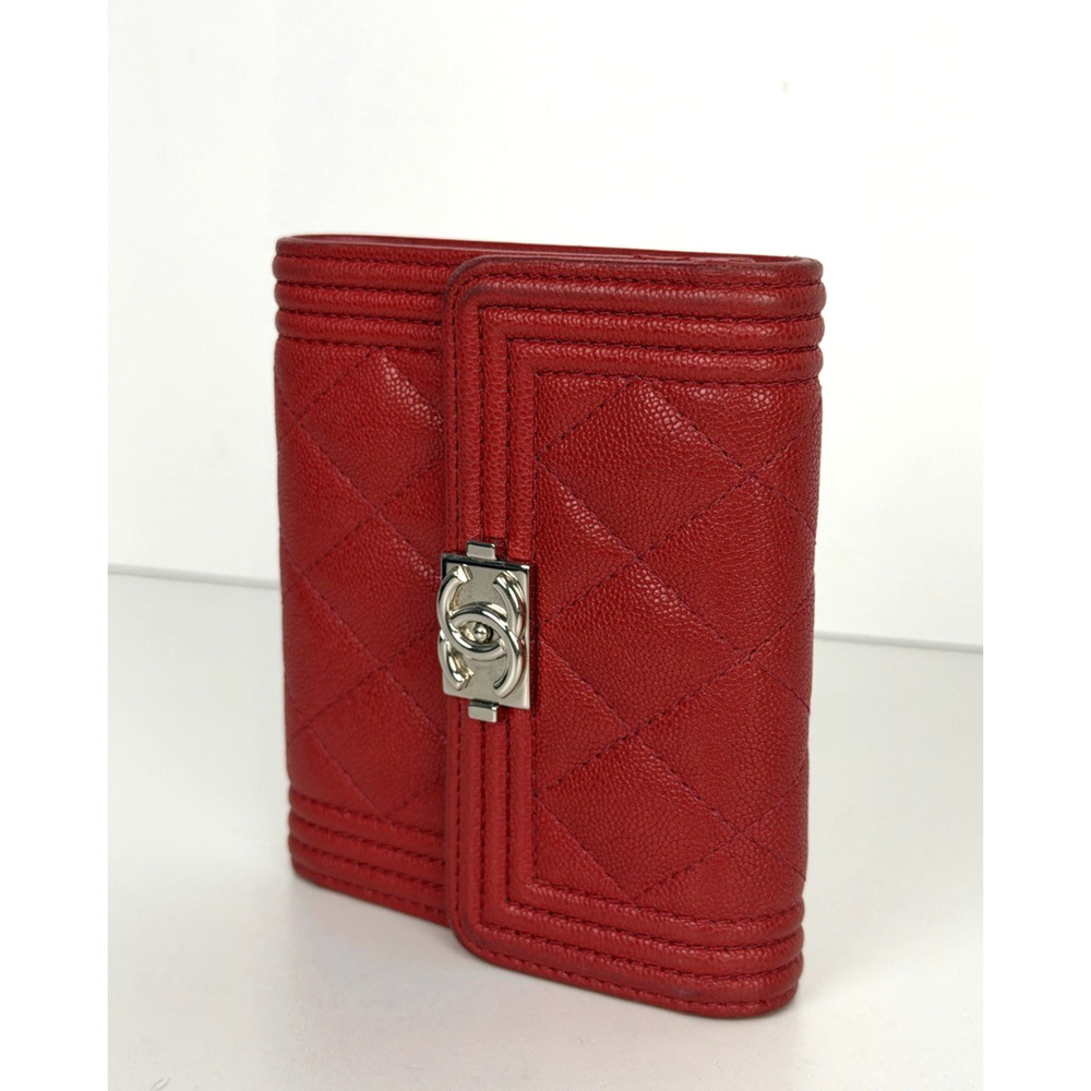 Chanel Boy Quilted Compact Wallet in Red Calfskin Leather 2019